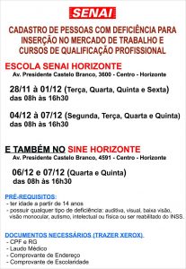 SENAI Horizonte divulga vagas para cadastro de pessoas com deficiência para inserção no mercado de trabalho e cursos de capacitação profissional 1 Cartaz SENAI Horizonte atual - Prefeitura de Horizonte
